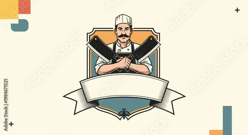 Professional butcher mascot with a mustache holding crossed cleavers over a shield background with decorative banner elements.