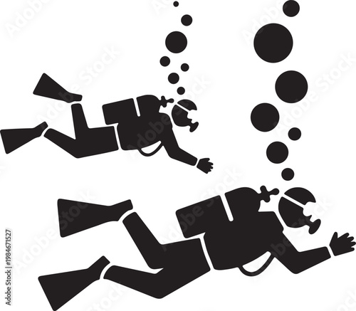 Deep Sea DivingScuba, Divers with tanks and bubbles silhouette, flat black diving vehicle vector symbol