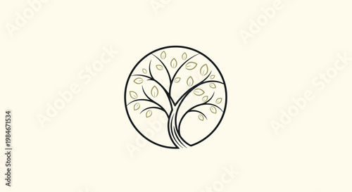 Minimalist tree of life logo design with delicate branches and small leaves enclosed within a perfect circular line frame.