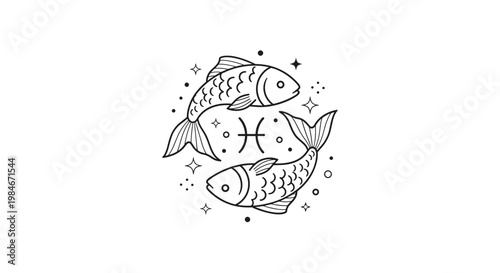 Pisces zodiac sign featuring two fish swimming in a circular motion surrounded by mystical stars, bubbles, and cosmic symbols.