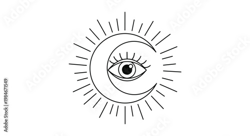 Mystical third eye symbol placed inside a crescent moon with radiating sunbeams and long eyelashes in an esoteric style.
