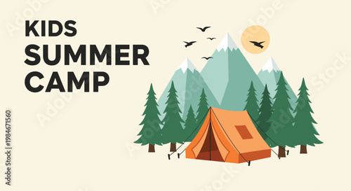 Kids summer camp illustration with an orange tent nestled among pine trees in front of snow capped mountains and a bright sun.