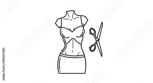 Fashion design illustration featuring a female dressmaker mannequin with a measuring tape and large sewing scissors on the side.