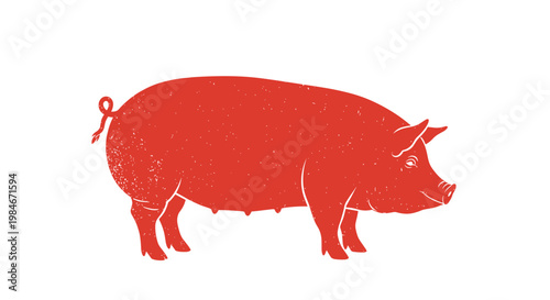 Solid red pig silhouette illustration with a vintage grainy texture on a clean white background representing livestock.