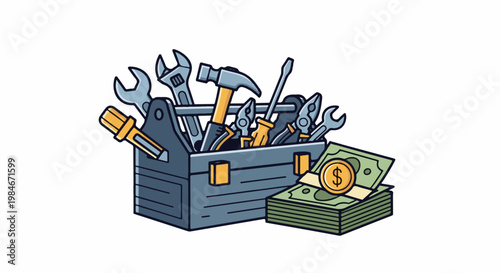 Toolbox filled with tools and a stack of cash
