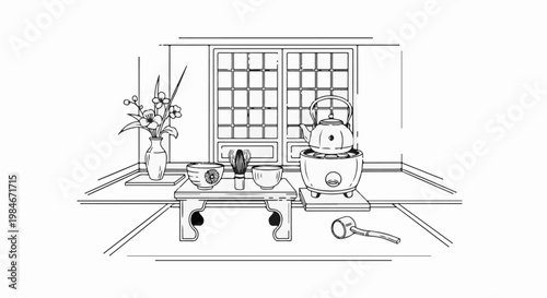 Traditional tea ceremony setup with floral arrangement and steaming kettle