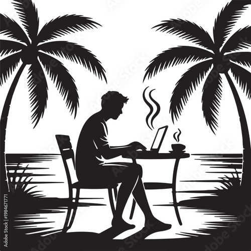 Digital Nomad freelancing work at a Beach Cafe when travelling, flat black vector illustration