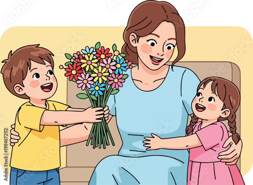 Mother and children with flowers.