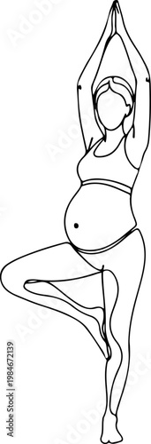 Continuous one line of a pregnant woman practicing prenatal yoga pose, graceful maternal wellness vector design symbolizing balance and healthy pregnancy, mother's day, and love.