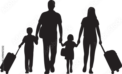 Family Walking with Suitcases, airport walk silhouettes, flat black travel vector symboll