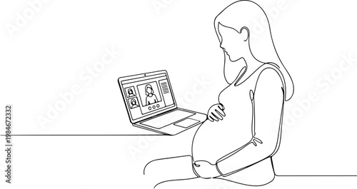 Continuous one line of a pregnant woman attending online prenatal class on laptop, digital motherhood learning vector concept symbolizing education and readiness, mother's day, and love.