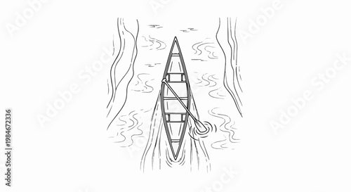 Top-down view of a canoe with a single paddle moving through calm, wavy water