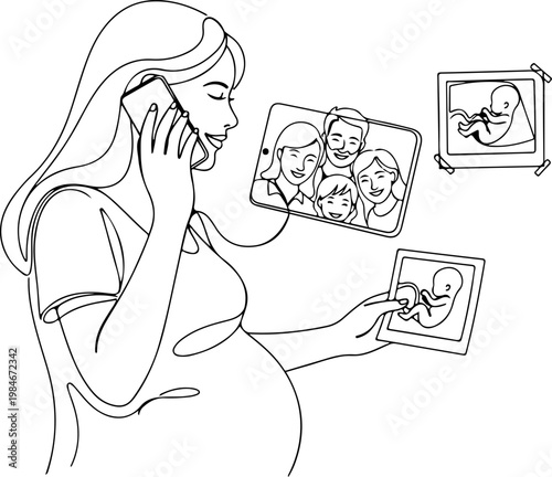 Continuous one line of a pregnant woman video calling family with baby scan photo, connected motherhood vector design expressing family sharing and joy, mother's day, and love.