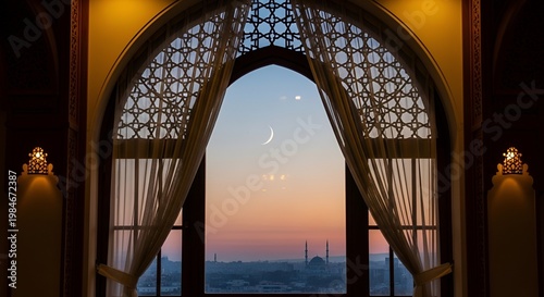 Crescent moon through ornate window at sunset, Islamic architecture view, Ramadan greeting