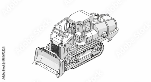 Isometric Line Art Illustration of a Tracked Crawler Bulldozer with Water Tank, Heavy Duty Forestry or Firefighting Machinery Technical Drawing on White Background