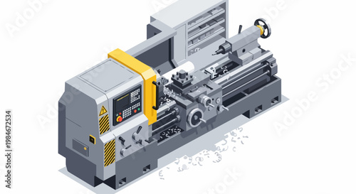 Industrial Isometric CNC Lathe Machine for Precision Metalworking and Manufacturing Illustration
