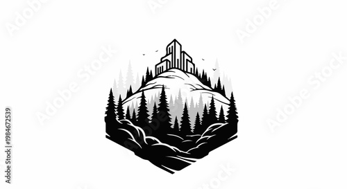 Stylized mountainous landscape with a structure atop the peak