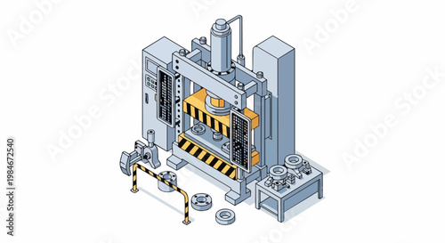 Modern Industrial Hydraulic Press Machine Illustration, Isometric Heavy Duty Stamping Equipment for Factory Production and Manufacturing