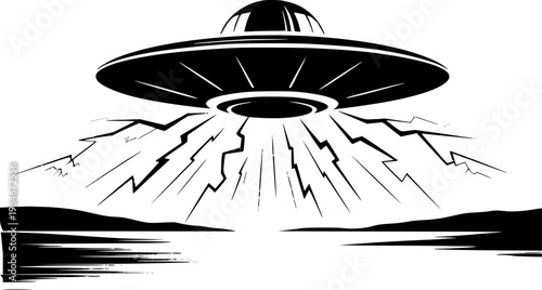 Black and white of a flying saucer emitting light beams over a landscape alien spacecraft