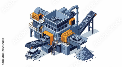 Isometric Illustration of a Car Recycling Plant and Vehicle Crusher Machine Processing Scrap Metal on Conveyor Belts for Waste Management and Circular Economy