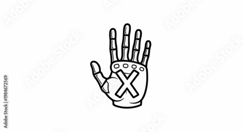 Stylized robotic hand with 'X' marking on palm