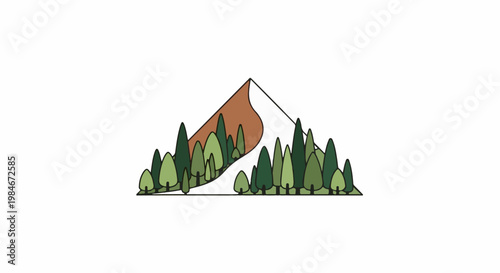 Stylized mountain with trees, snow, and brown peak