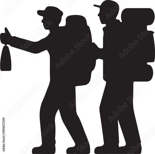 Flat black Backpackers Hitchhiking vector silhouette design