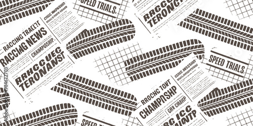 Dark brown tire tracks and racing newspaper headlines on white background