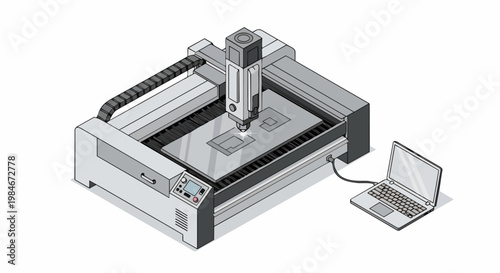 Isometric Vector Illustration of a CNC Laser Cutting Machine Engraving a Metal Sheet Controlled by a Laptop