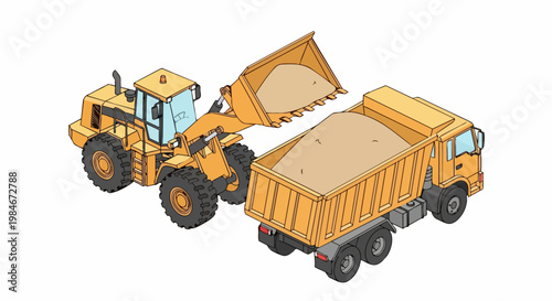 Construction Wheel Loader Filling Dump Truck with Sand Illustration Isolated on White Background