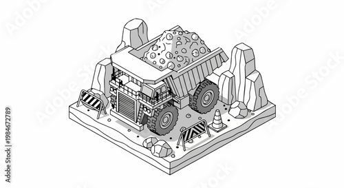 Isometric Heavy Duty Mining Dump Truck Illustration, Black and White Line Art for Coloring Book or Industrial Design