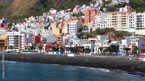 Aerial View Santa Cruz de La Palma City Waterfront and Port Canary Islands Spain; Historic Old Town Black Sand Beach and Cruise Ship Harbor