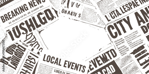 Overlapping vintage newspaper pages with bold headlines and small print text
