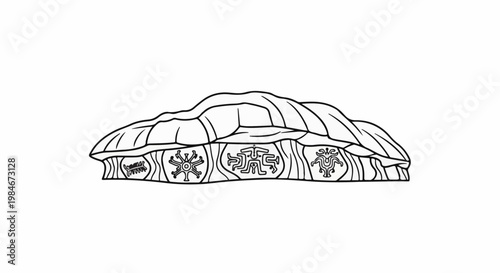 Stylized rock formation with etched ancient symbols on its side