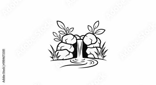 Stylized rock formation with waterfall and surrounding foliage