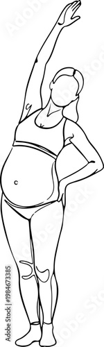 Continuous one line of a pregnant woman doing light stretching exercise, prenatal fitness vector design representing flexibility and body care, mother's day, and love.