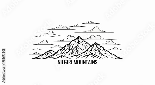Stylized mountain range with layered clouds in a monochrome line art style
