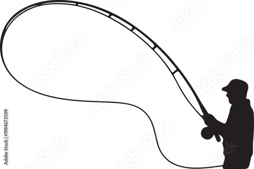 Fly Fishing silhouette of the line casting, flat black vector illustration