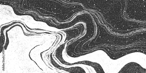 Abstract monochrome swirling lines and speckles resembling cosmic dust or marbled paper black white