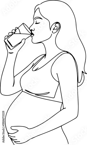 Continuous one line of a pregnant woman drinking water from a glass, healthy maternity habit vector concept promoting hydration and self-care, mother's day, and love.