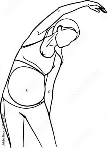 Continuous one line of a pregnant woman doing light stretching exercise, prenatal fitness vector design representing flexibility and body care, mother's day, and love.