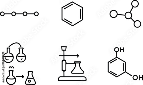Chemistry icons set molecules lab equipment and chemical structures illustration