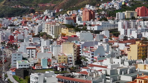 Aerial View Santa Cruz de La Palma City Waterfront and Port Canary Islands Spain; Historic Old Town Black Sand Beach and Cruise Ship Harbor