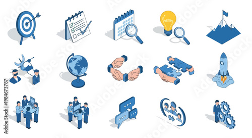 This is a set of fifteen isometric icons in blue and white, illustrating various business concepts like strategy, teamwork, and growth.