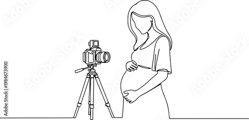 Continuous one line of a pregnant woman taking maternity photos with camera tripod, memorable pregnancy milestone vector design symbolizing celebration and documentation, mother's day, and love.