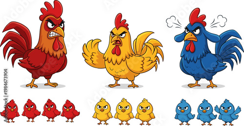 Cute Cartoon Angry Rooster and Chick Set in Red, Yellow, and Blue with Furious and Aggressive Emotion Poses Vector Illustration