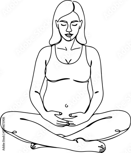 Continuous one line of a pregnant woman practicing breathing exercise, childbirth preparation vector concept representing calm focus and labor readiness, mother's day, and love.