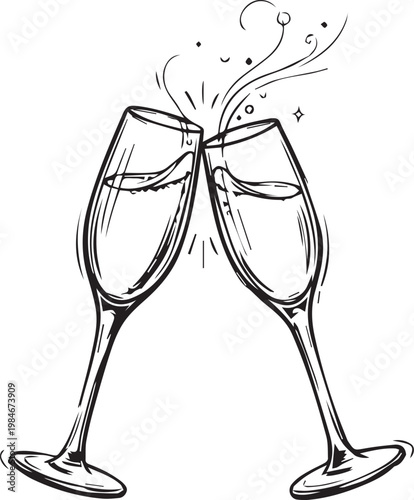 Champagne flutes clinking with bubbles and sparkles, elegant black and white line art symbol of festive toast and celebration