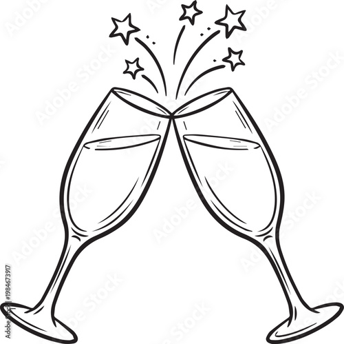 Art & IllustrationChampagne glasses clinking with stars, elegant black and white line art symbol of festive toast for party and joyful celebration