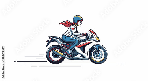 Stylized woman in a helmet and jacket rides a white and red racing motorcycle